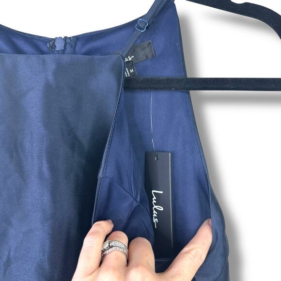 Lulus NWT Broadway Show Navy Blue High-Low Taffeta Pleated Gown Dress Medium - Picture 10 of 11